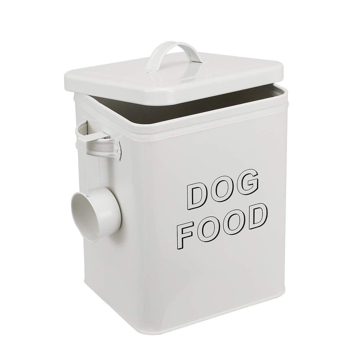 Airtight Dog Treat Container and Food Storage Tin with Lid, Handle, Scoop, 4-5 lbs Capacity, White N441