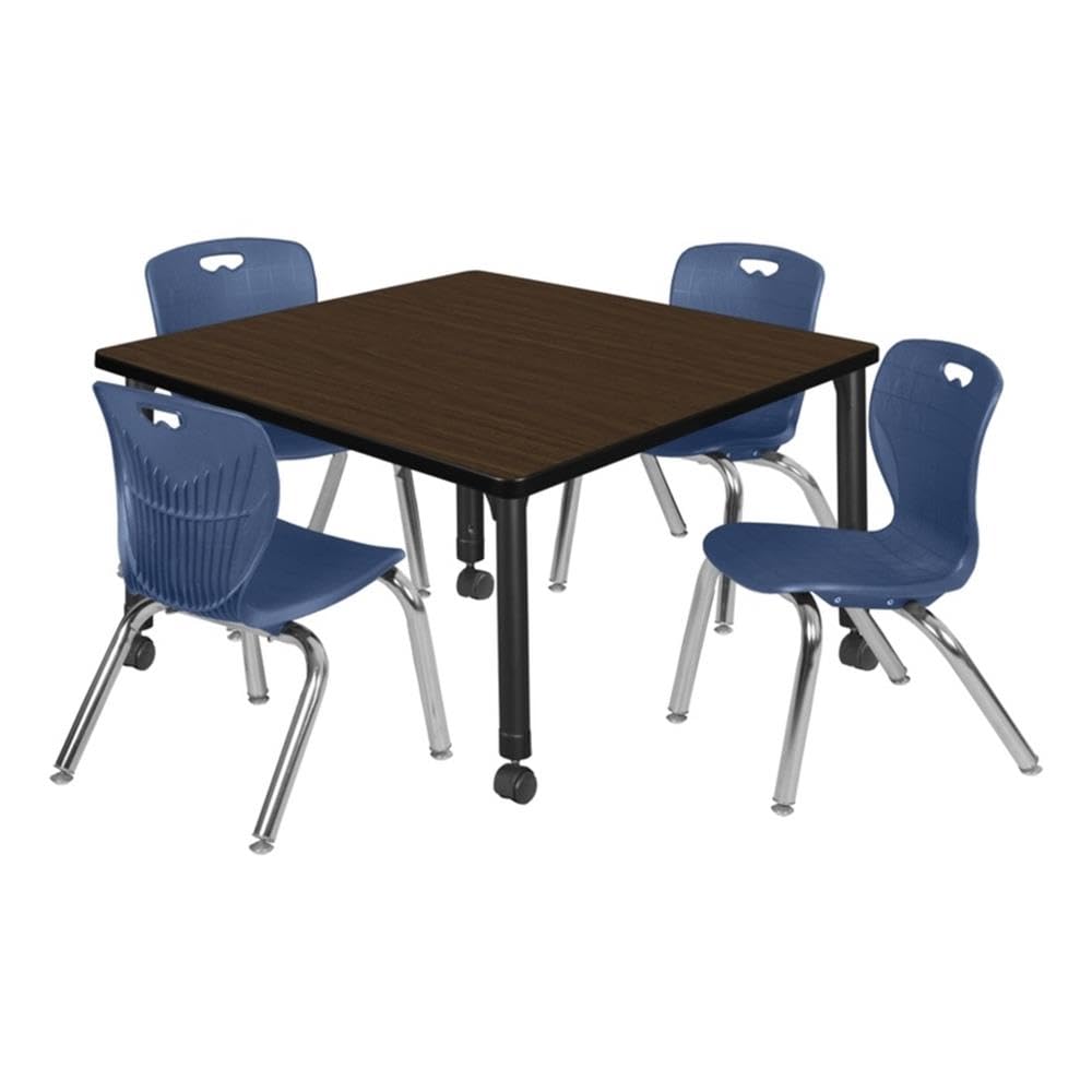 42" Square Mobile Table with Black Legs and 4 Navy Blue Stack Chairs Q779