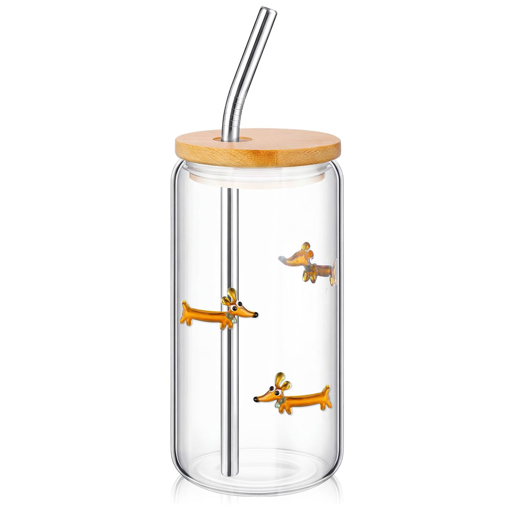 22 oz Dachshund Glass Cup with Lid Straw Y221