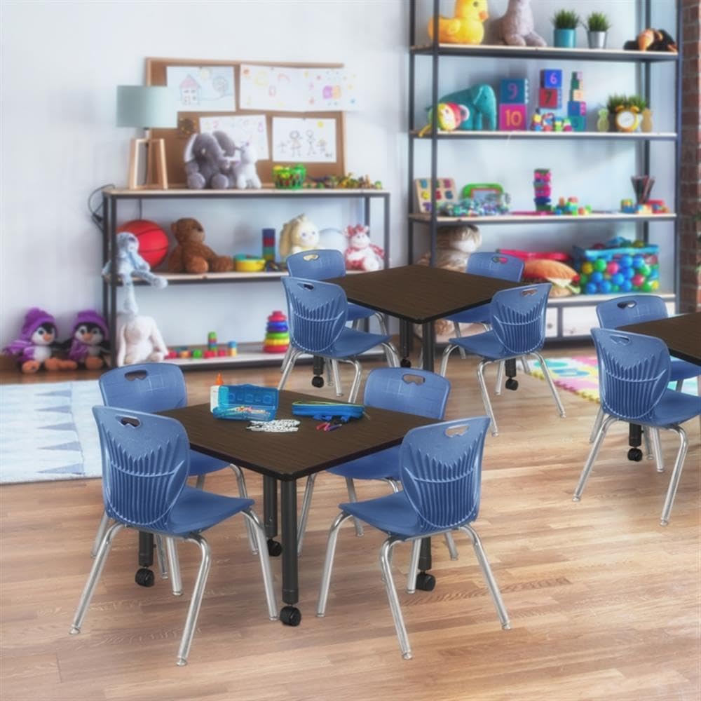 42" Square Mobile Table with Black Legs and 4 Navy Blue Stack Chairs Q779