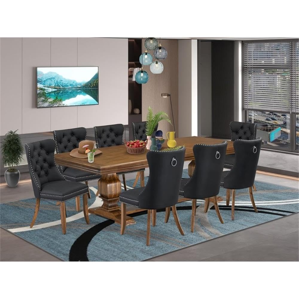 9-Piece Acacia Wood Dining Table Set with Faux Leather Chairs H3246