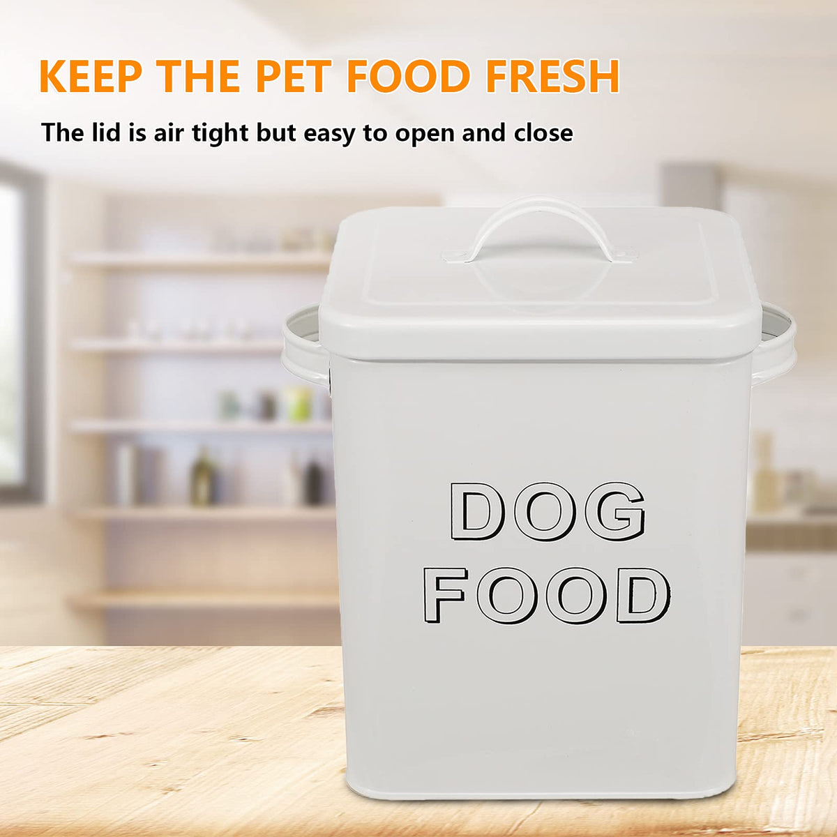 Airtight Dog Treat Container and Food Storage Tin with Lid, Handle, Scoop, 4-5 lbs Capacity, White N441