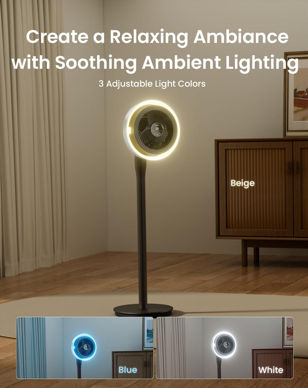 Standing Fan with Light, Digital Display, Adjustable Height, Remote, DarkGrey O4977