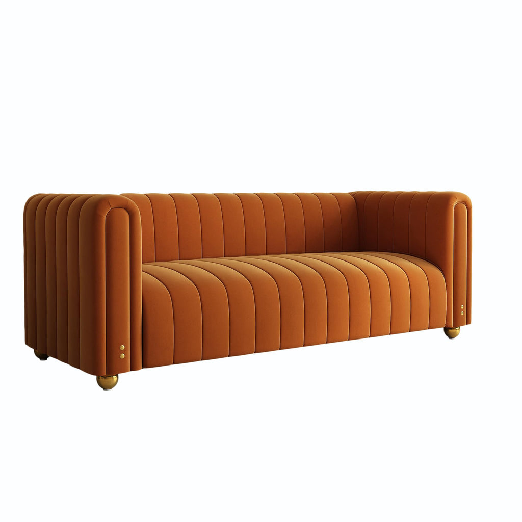 81" Orange Velvet Tufted Sofa 3 Seater with Metal Legs J356