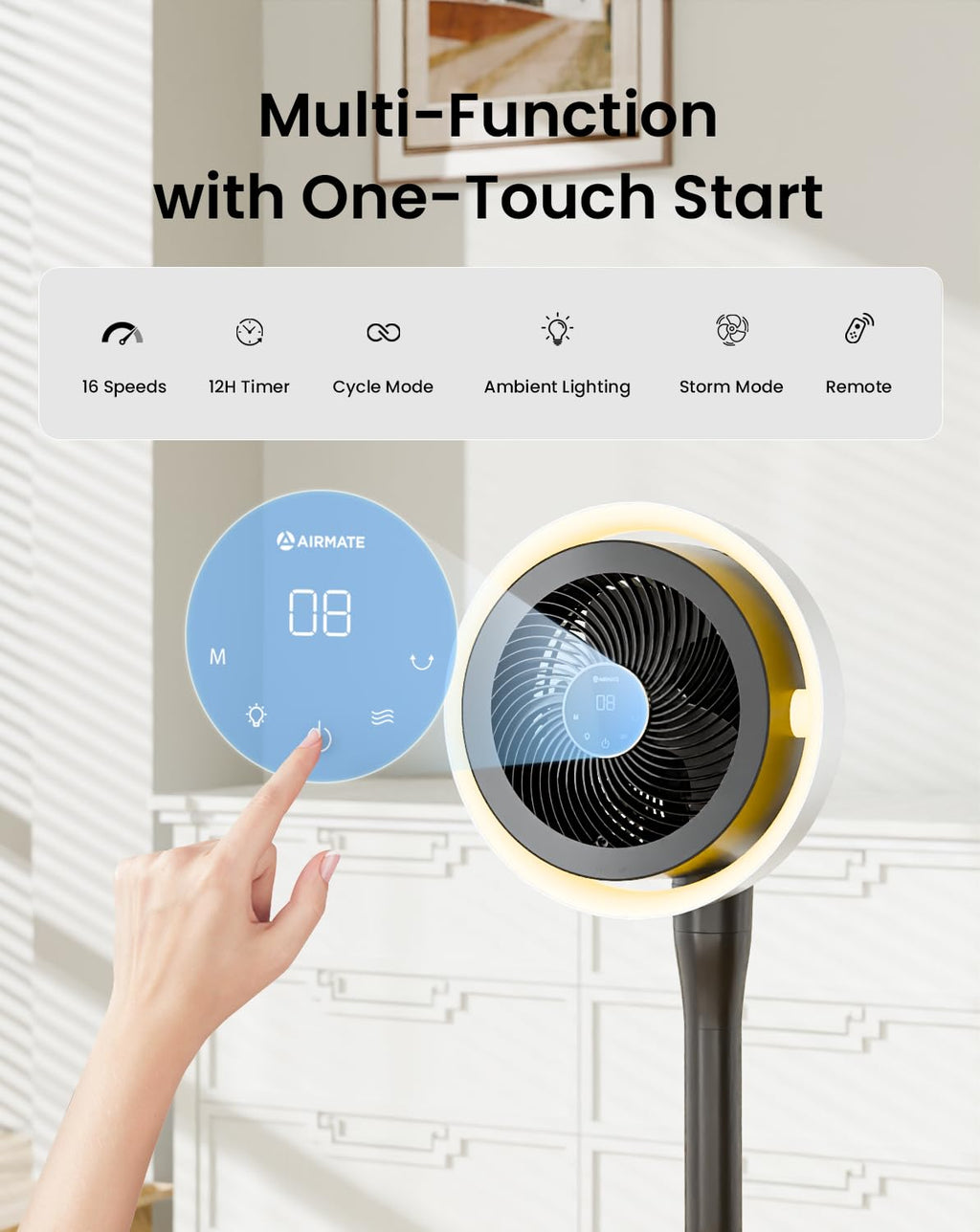 Standing Fan with Light, Digital Display, Adjustable Height, Remote, DarkGrey O4977