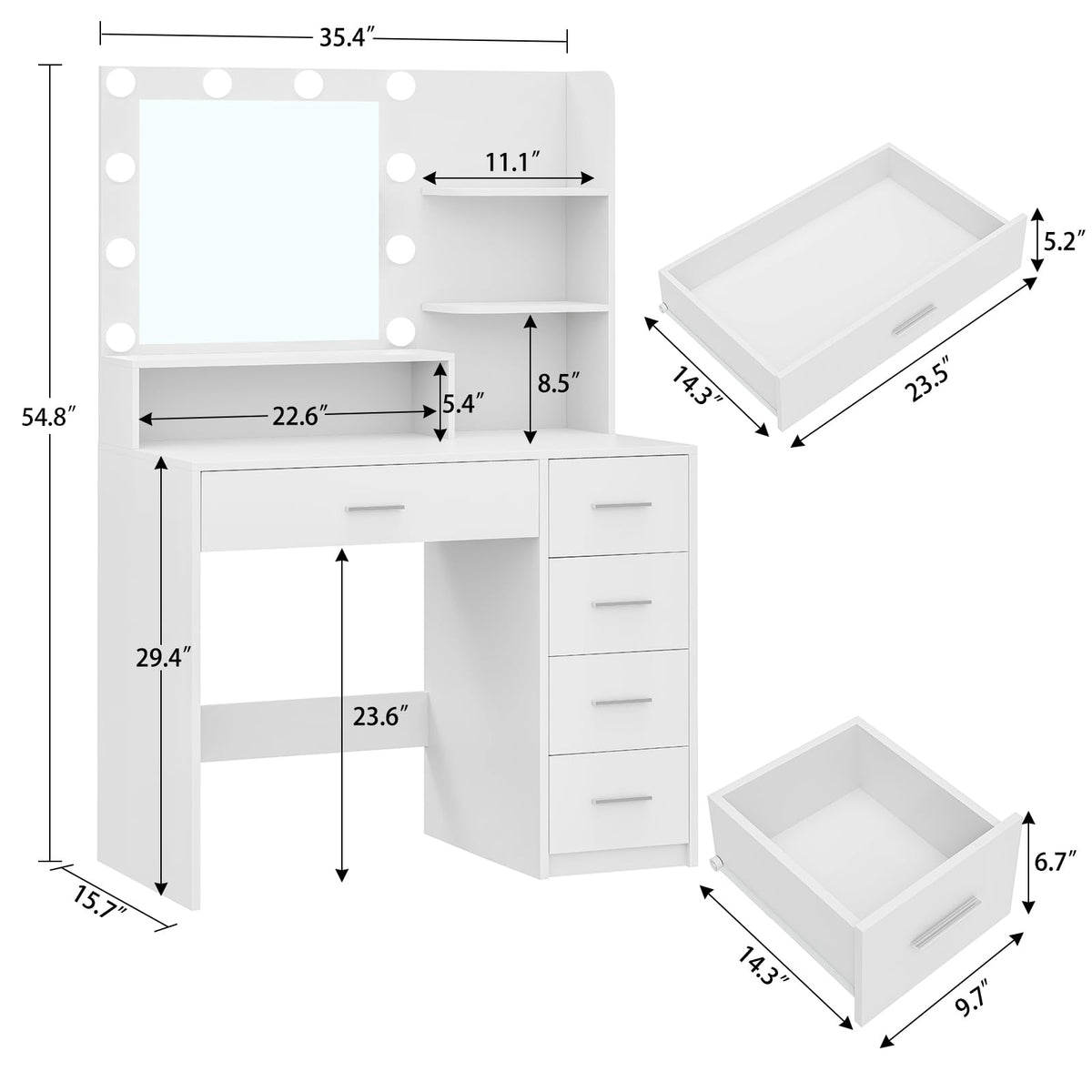 White Vanity Desk with Mirror & Lights, 5 Drawers & Storage Shelves S66053