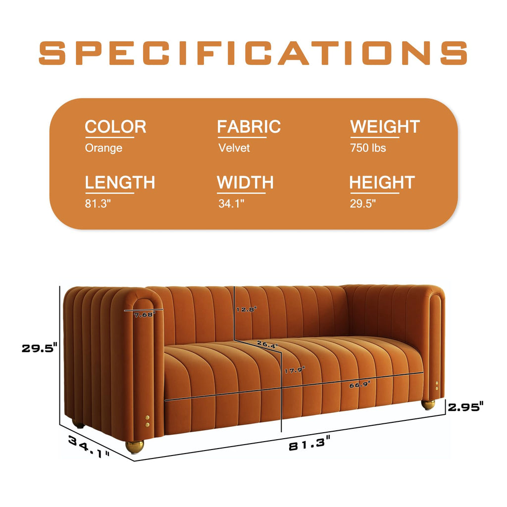 81" Orange Velvet Tufted Sofa 3 Seater with Metal Legs J356