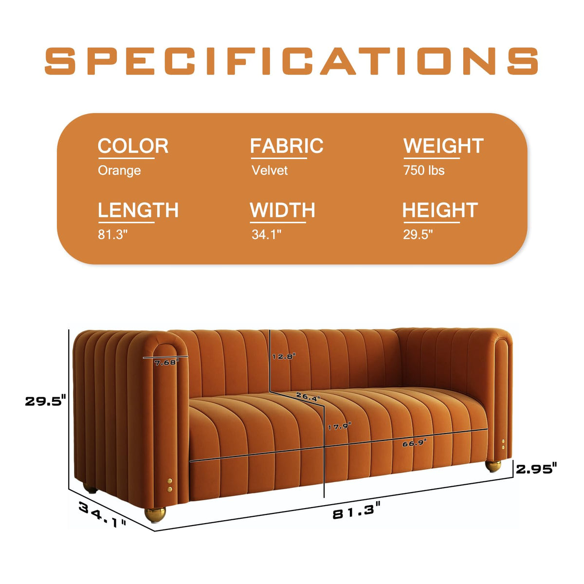81" Orange Velvet Tufted Sofa 3 Seater with Metal Legs J356