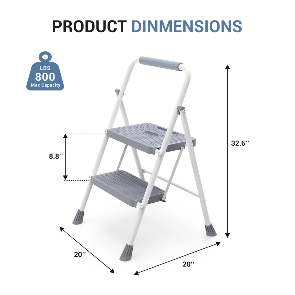 2 Step Ladder with Anti-Slip Pedal and Handrail, 800lbs, Grey D38274