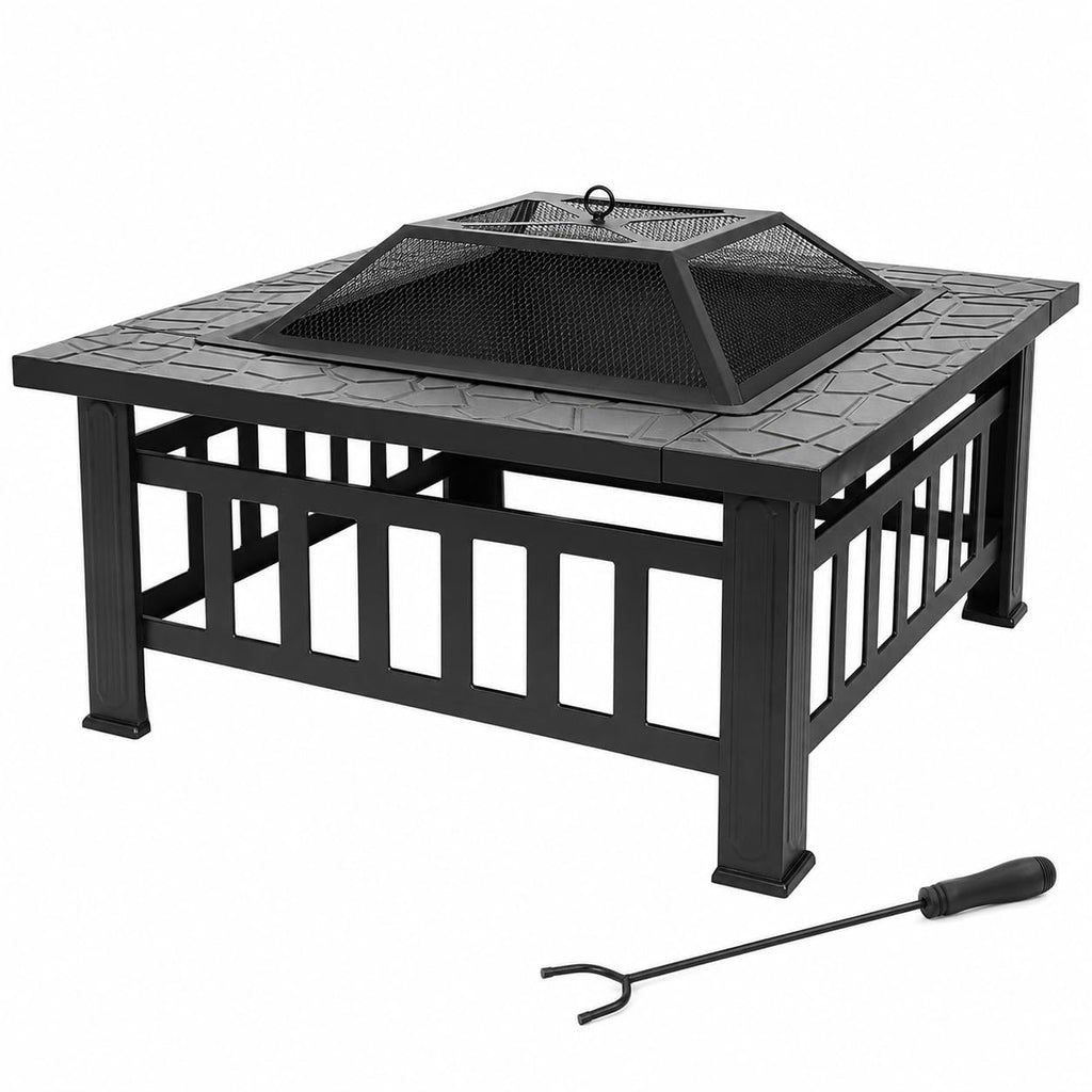 32 Inch Square Metal Wood Burning Fire Pit with Spark Screen and Poker V349