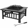 32 Inch Square Metal Wood Burning Fire Pit with Spark Screen and Poker V349