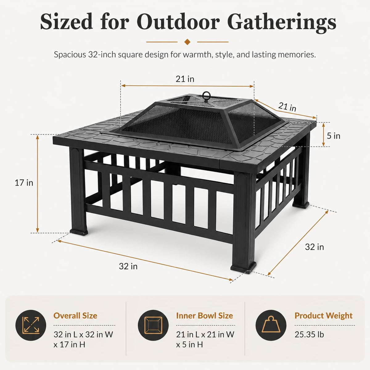 32 Inch Square Metal Wood Burning Fire Pit with Spark Screen and Poker V349