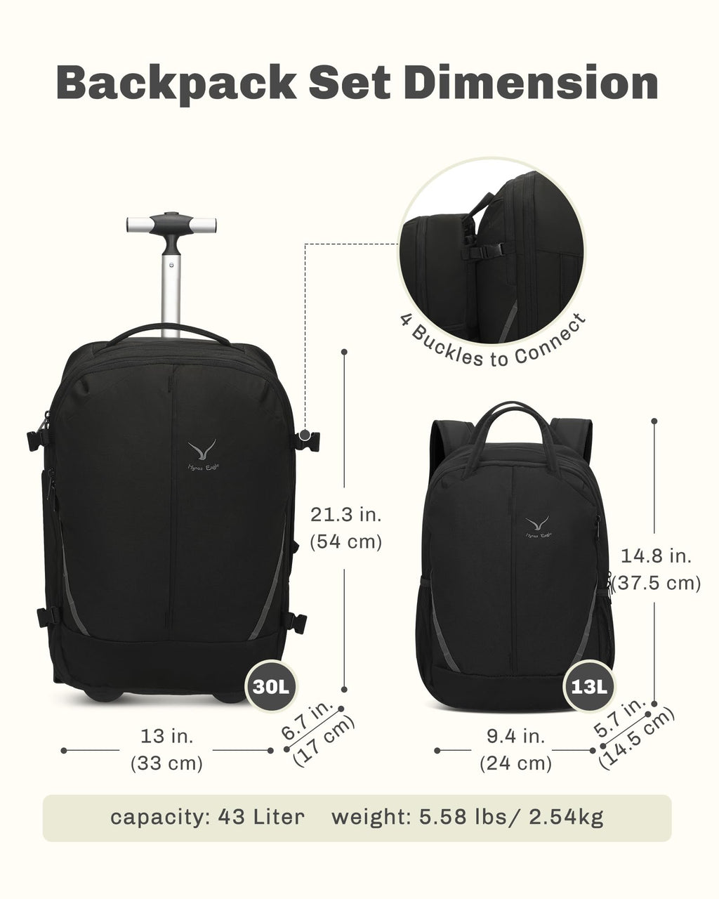 Rolling Backpack with Wheels 43L with Personal Item Bag M202708