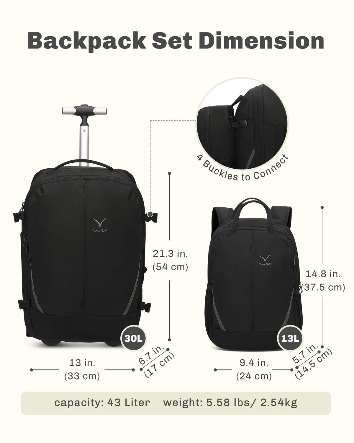 Rolling Backpack with Wheels 43L with Personal Item Bag M202708