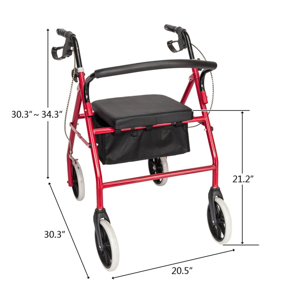 Foldable Rollator Walker with Seat & Wheels, Height Adjustable, 286lbs Weight Capacity, Red B4788