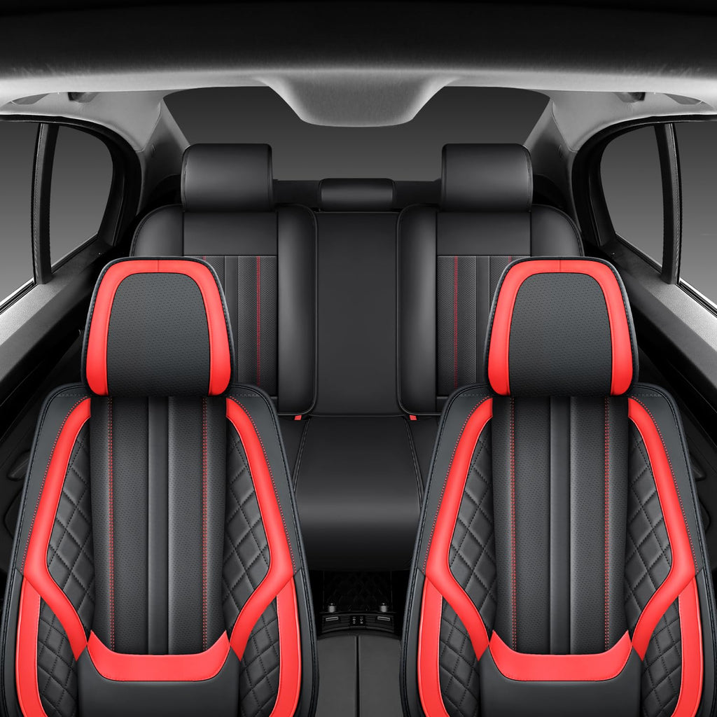 Nappa Leather Car Seat Covers Full Set 5-Seats Black Red C218296