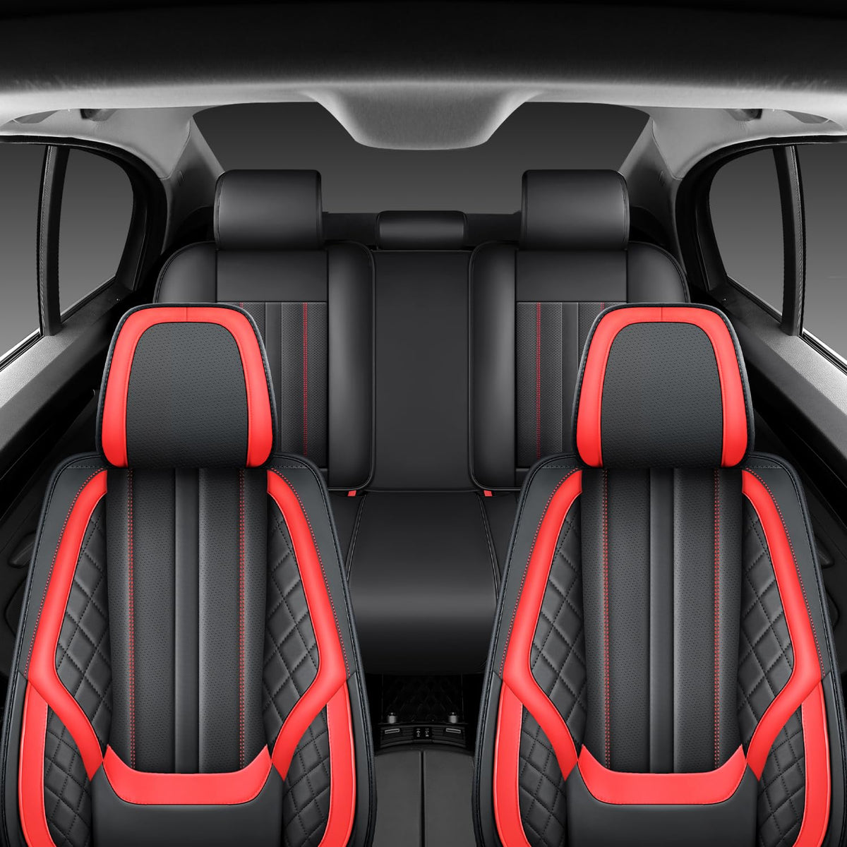 Nappa Leather Car Seat Covers Full Set 5-Seats Black Red C218296