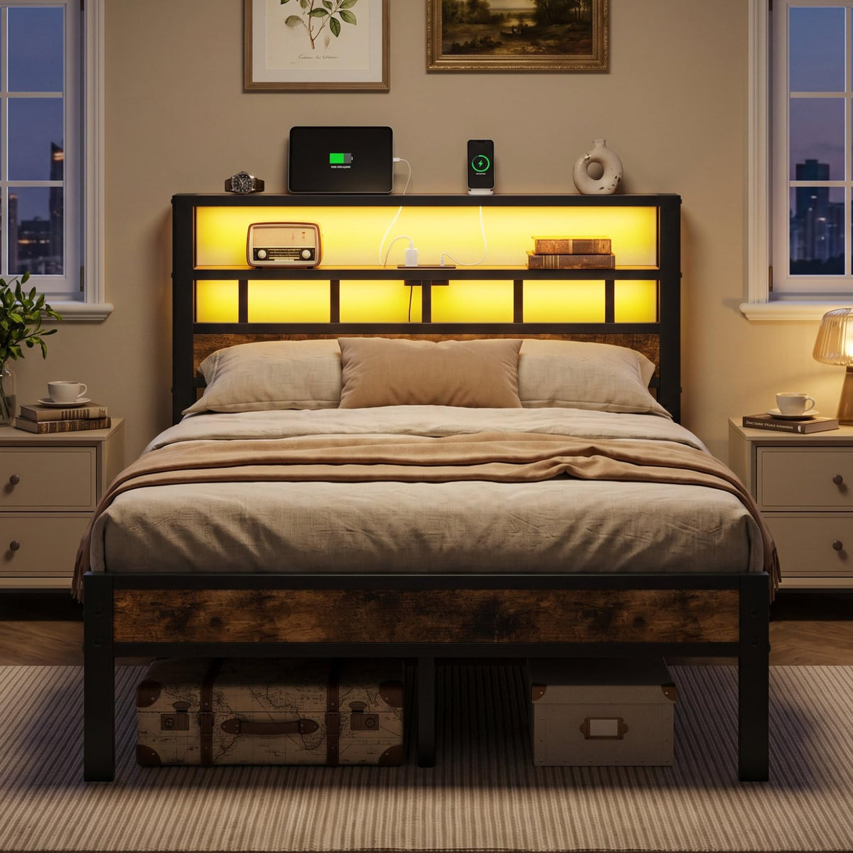 Metal Platform Bed with Charging Station and LED A992
