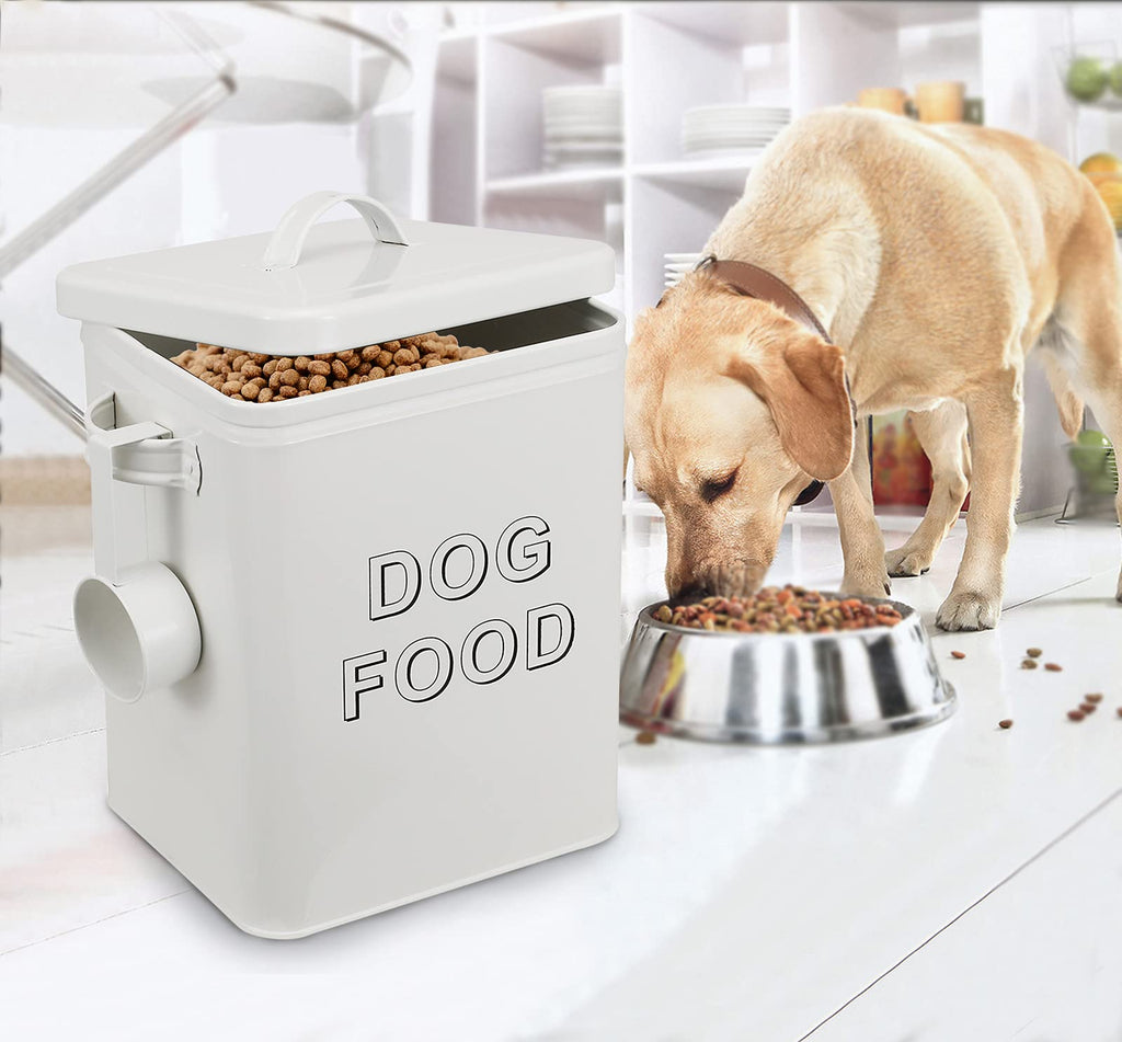 Airtight Dog Treat Container and Food Storage Tin with Lid, Handle, Scoop, 4-5 lbs Capacity, White N441