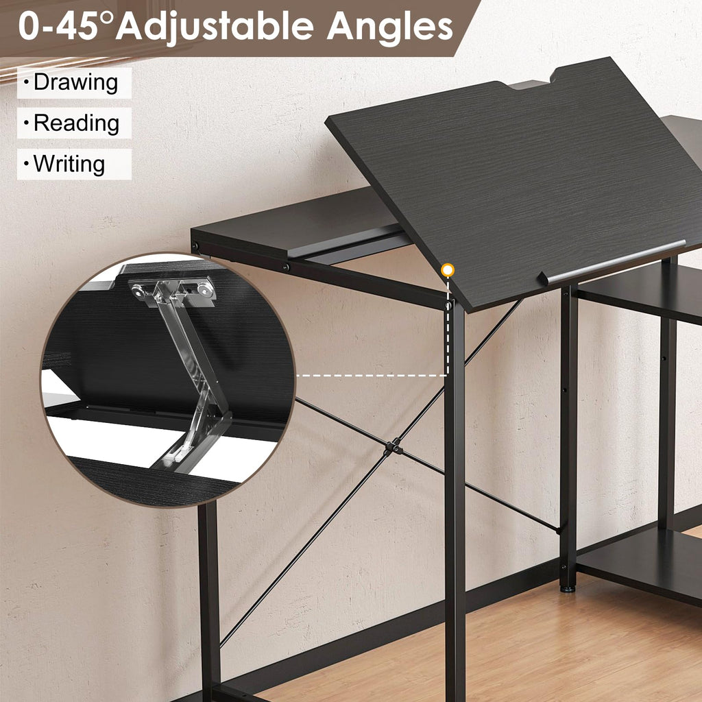 Black Adjustable Drafting Table with Storage Shelves & Drawer S304077