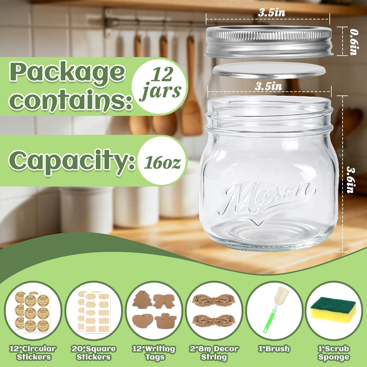 16 oz 12 Pack Wide Mouth Mason Jars with Lids H161543