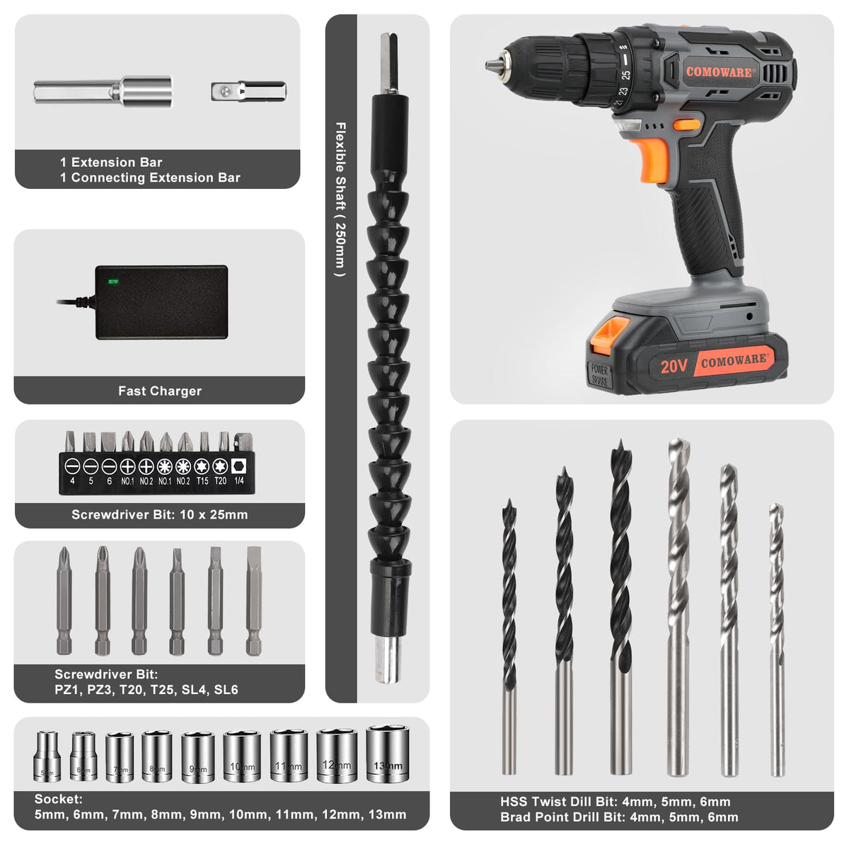 Cordless Drill Set 20V 3/8" Keyless Chuck 2 Variable Speed Orange G947