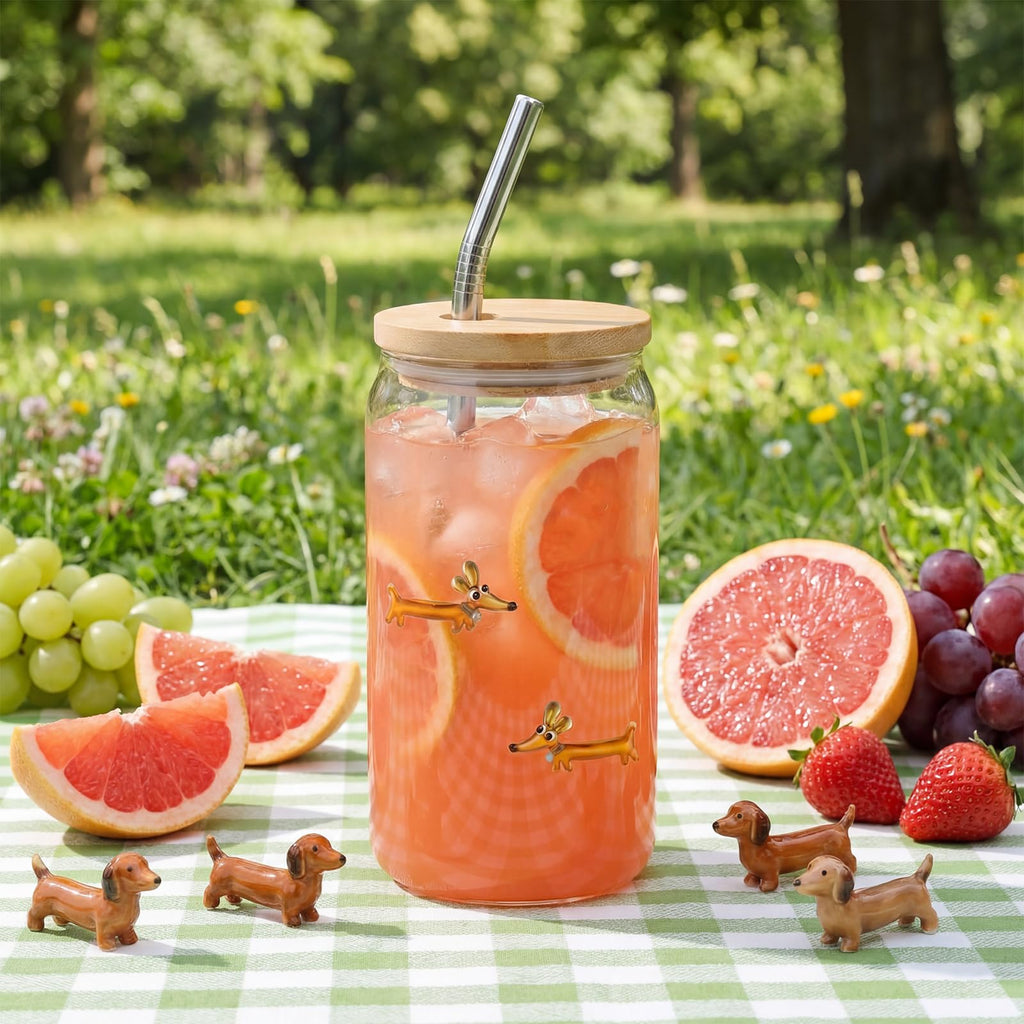 22 oz Dachshund Glass Cup with Lid Straw Y221
