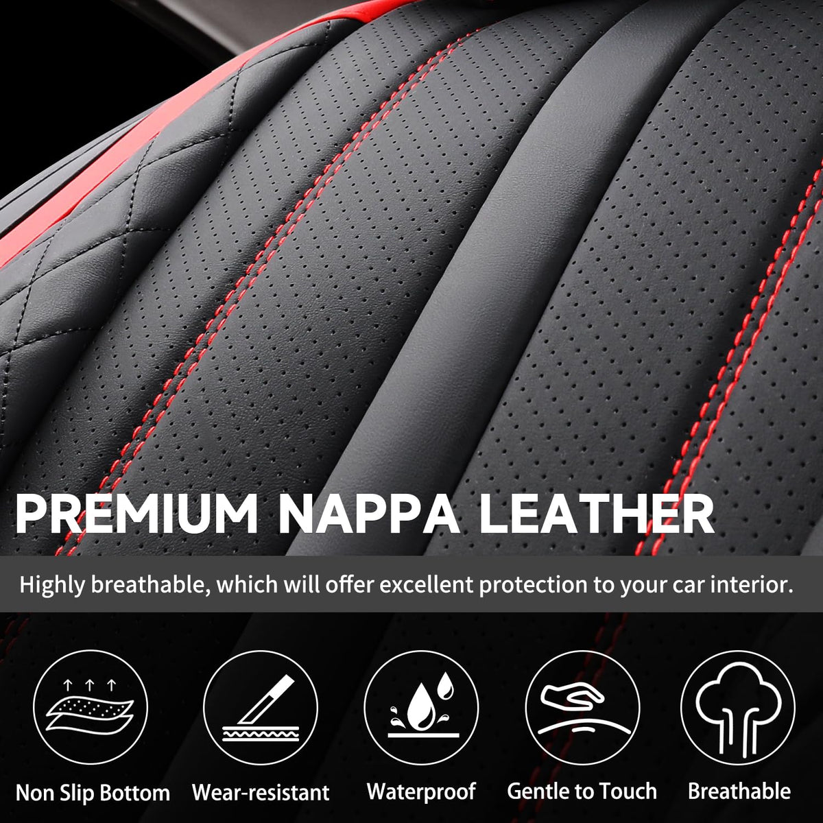 Nappa Leather Car Seat Covers Full Set 5-Seats Black Red C218296