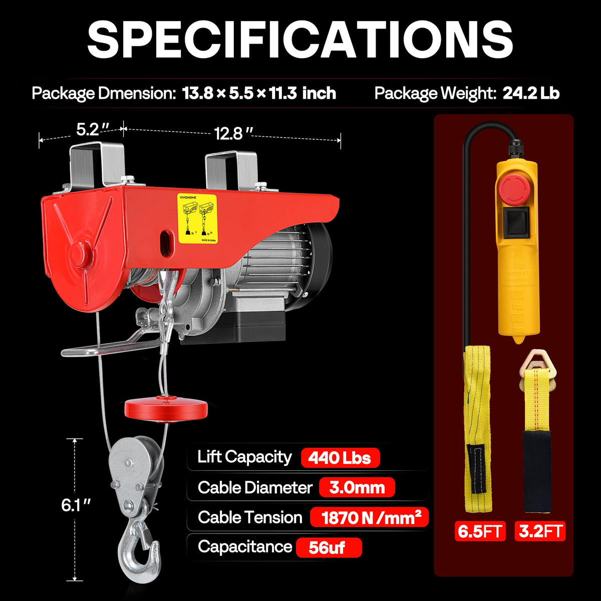 110V 440 Lbs Electric Hoist with Remote Control P967812
