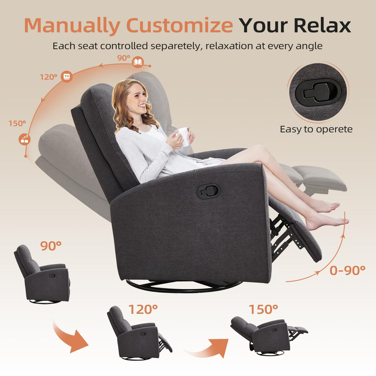 Manual Chenille Swivel Rocker Recliner L95222