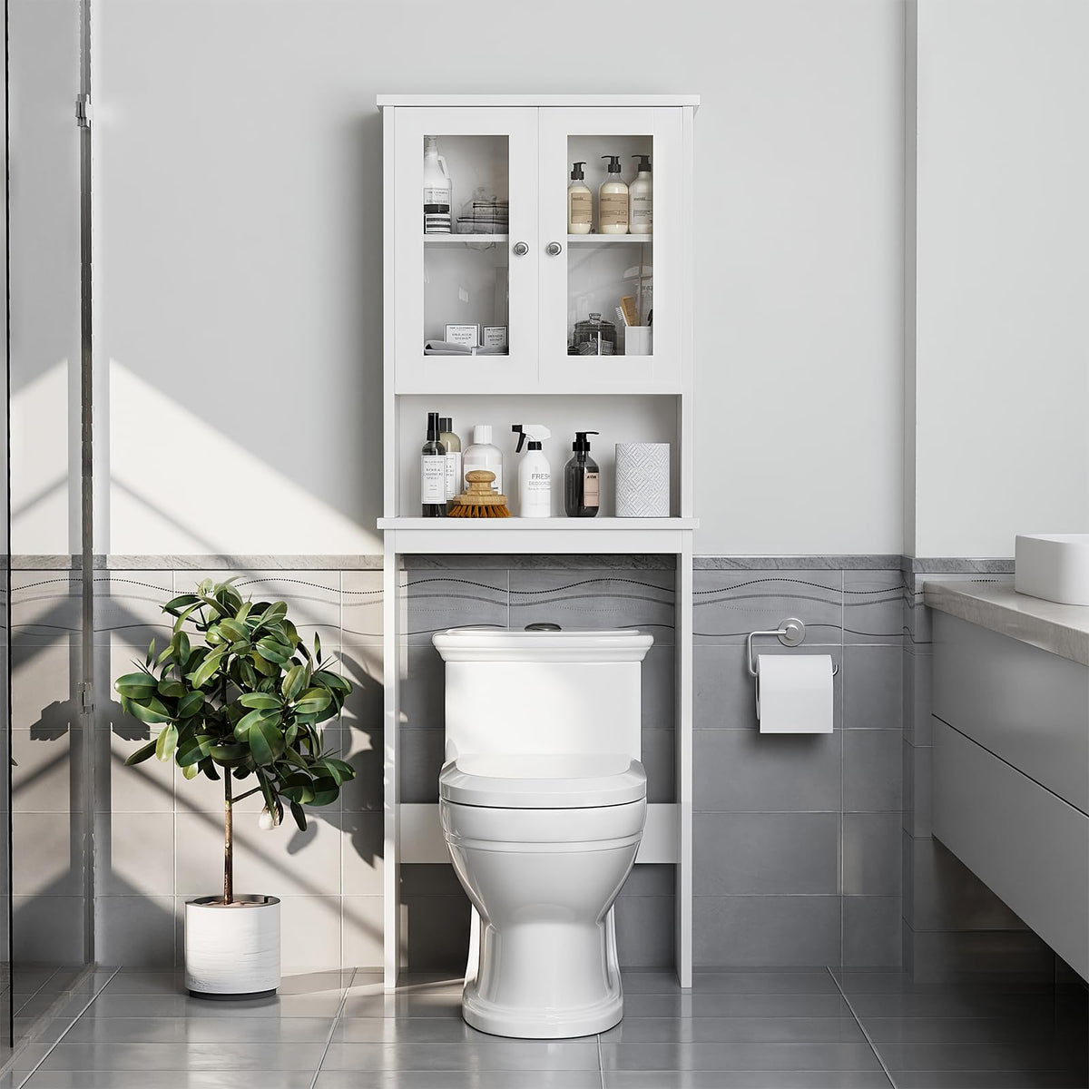 Over The Toilet Storage Cabinet with Tempered Glass Doors P372
