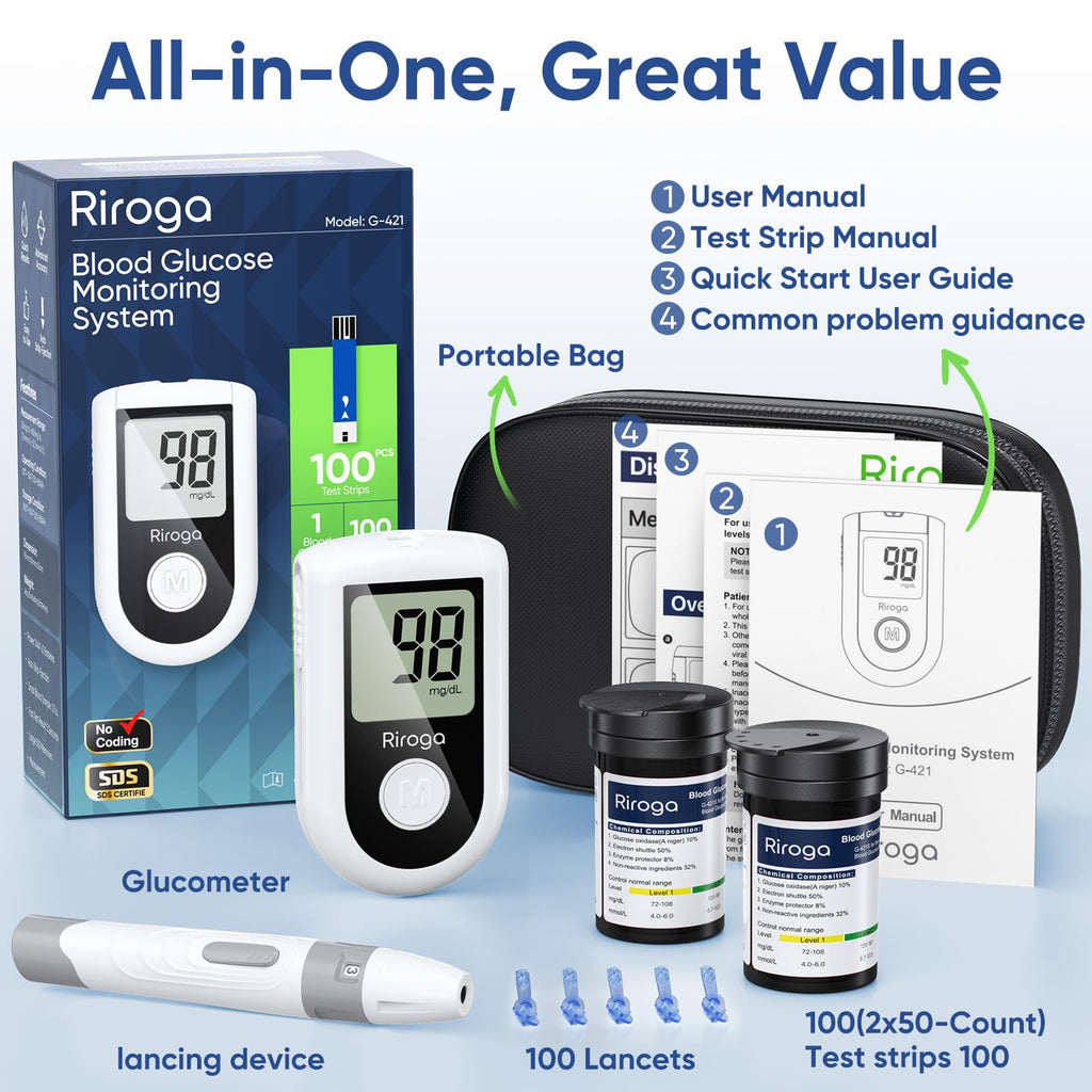 Blood Glucose Monitor Kit with 100 Strips, 100 Lancets, Lancing Device, No Coding H63545