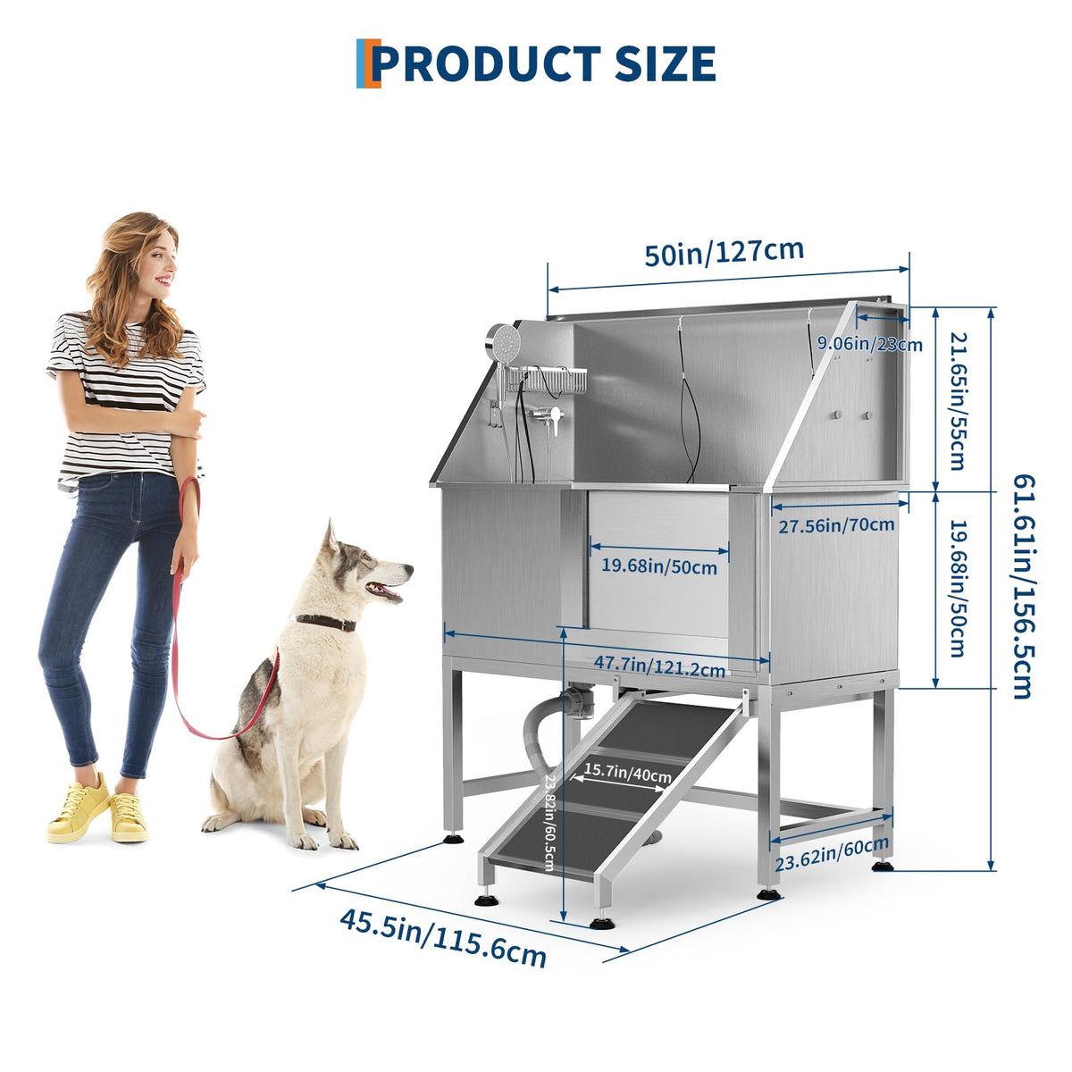 50" Stainless Steel Pet Bathing Tub with Sloped Ramp W31380