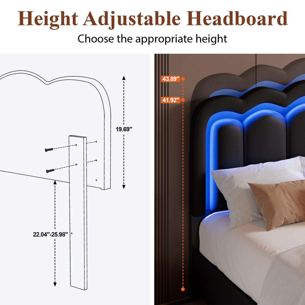 Full Size Bed Frame with LED Lights and Storage Drawers, Black P40449