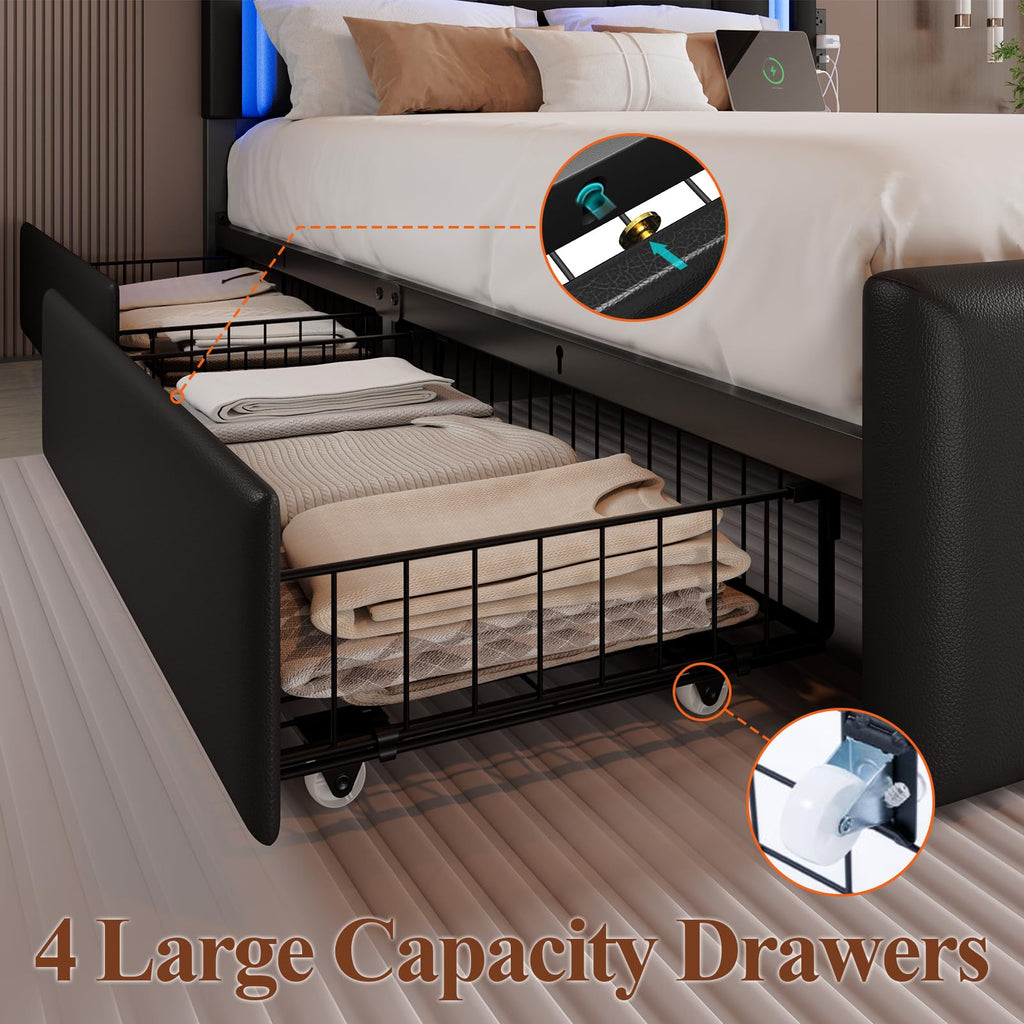 Full Size Bed Frame with LED Lights and Storage Drawers, Black P40449