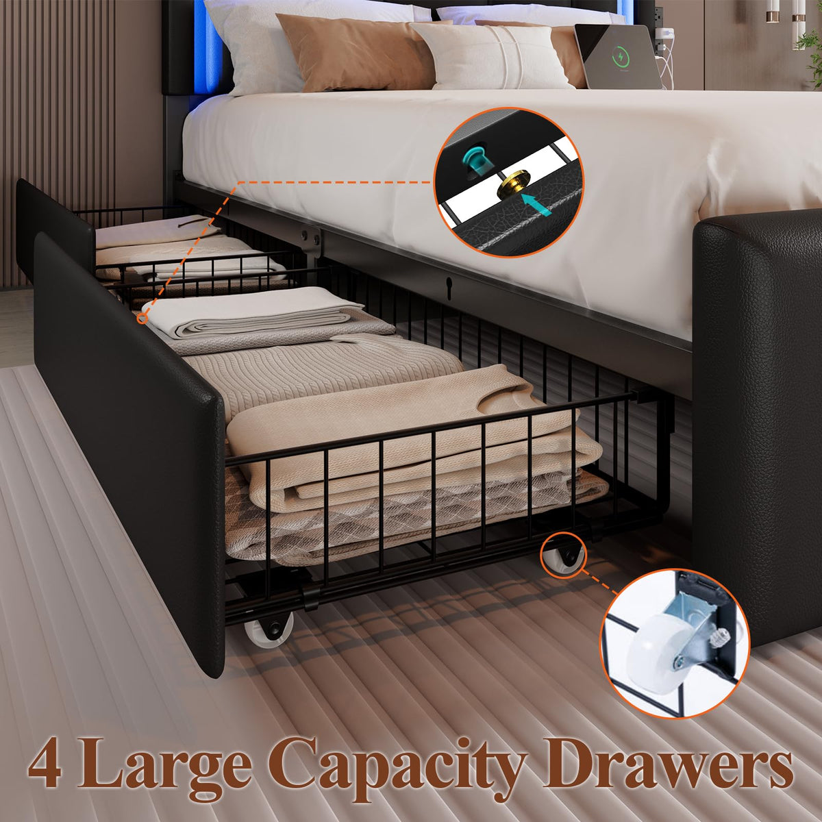 Full Size Bed Frame with LED Lights and Storage Drawers, Black P40449