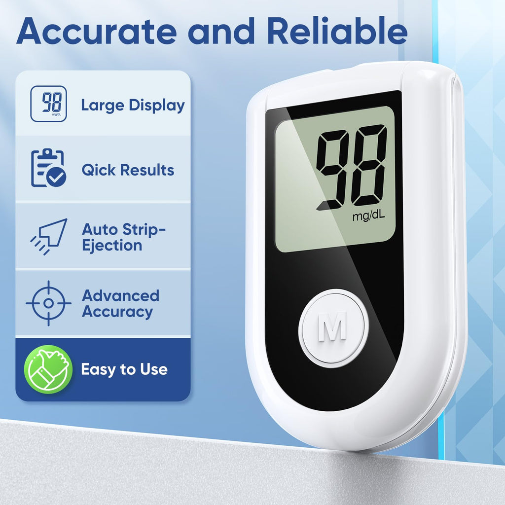 Blood Glucose Monitor Kit with 100 Strips, 100 Lancets, Lancing Device, No Coding H63545