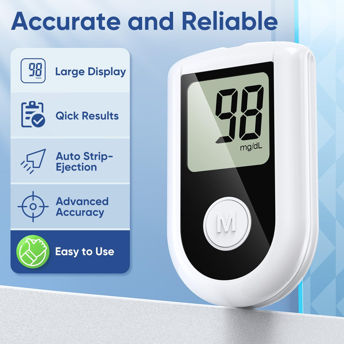 Blood Glucose Monitor Kit with 100 Strips, 100 Lancets, Lancing Device, No Coding H63545