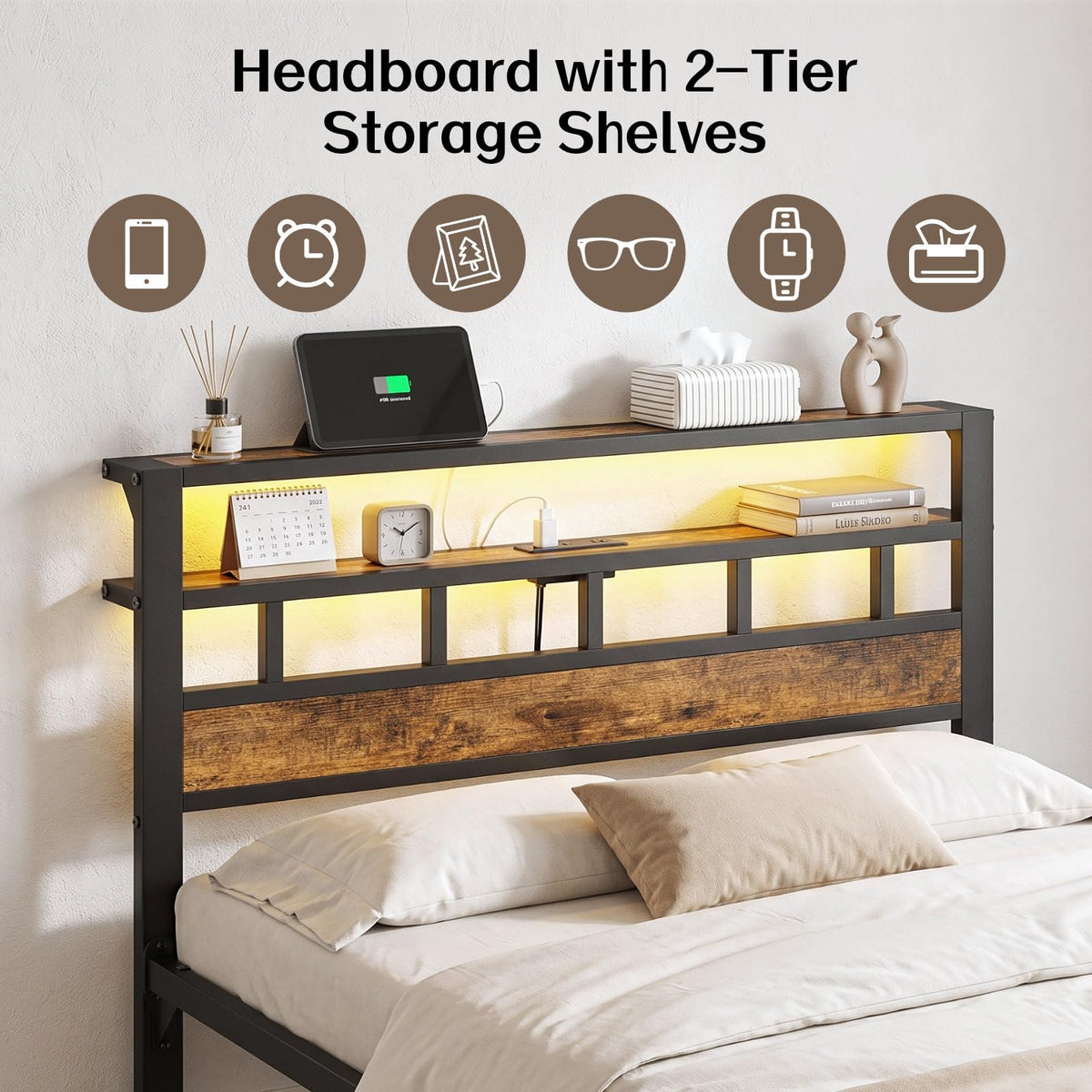 Metal Platform Bed with Charging Station and LED A992