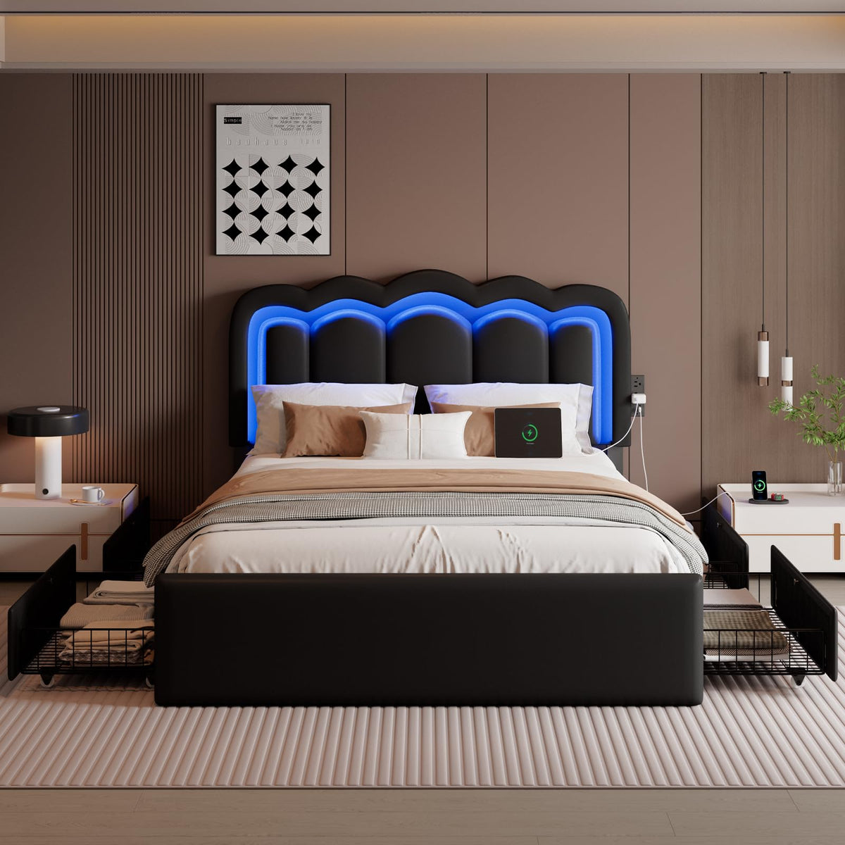 Full Size Bed Frame with LED Lights and Storage Drawers, Black P40449