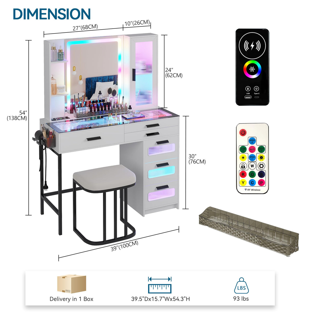 White Vanity Desk with Lighted Mirror and 6 Drawers I98261