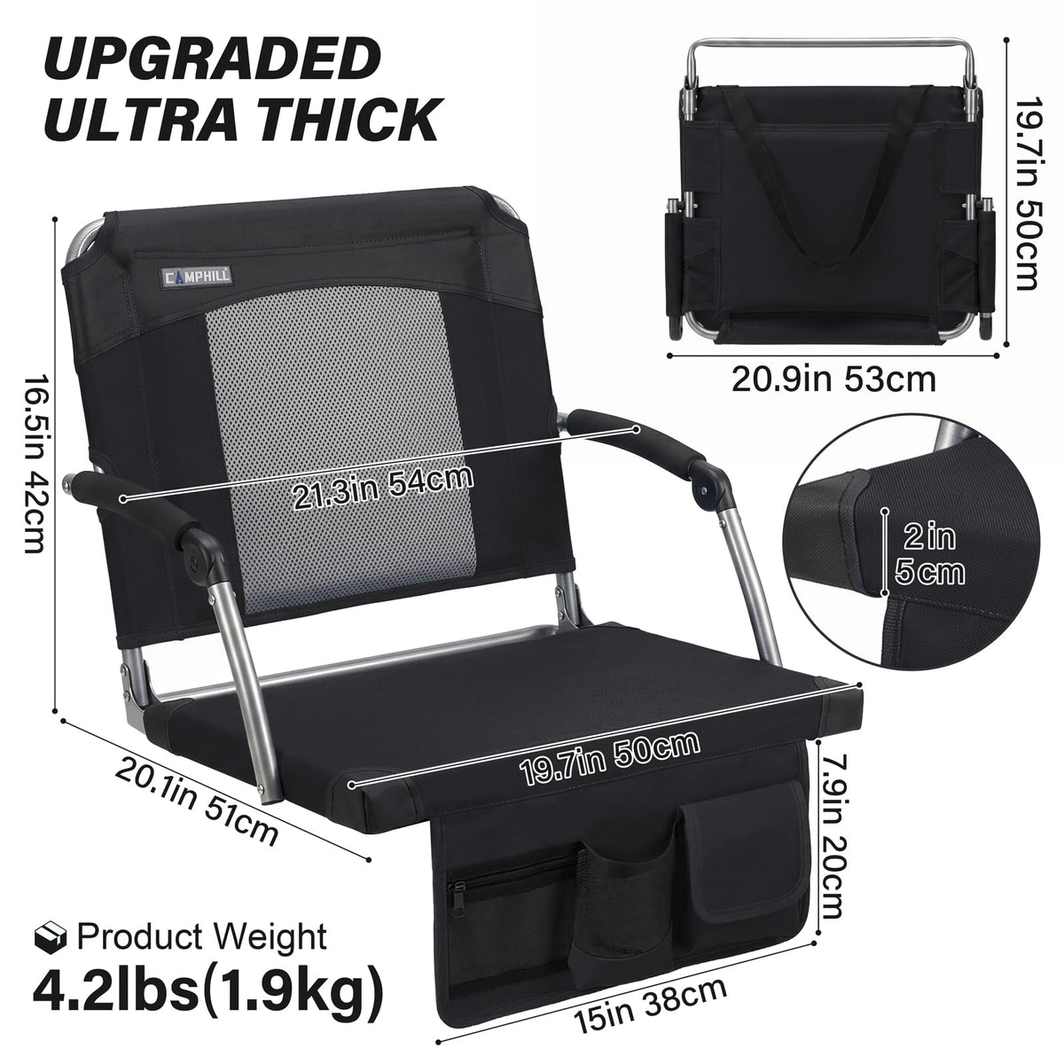 2 Pack Black Stadium Seats with Back Support & Armrests Y987