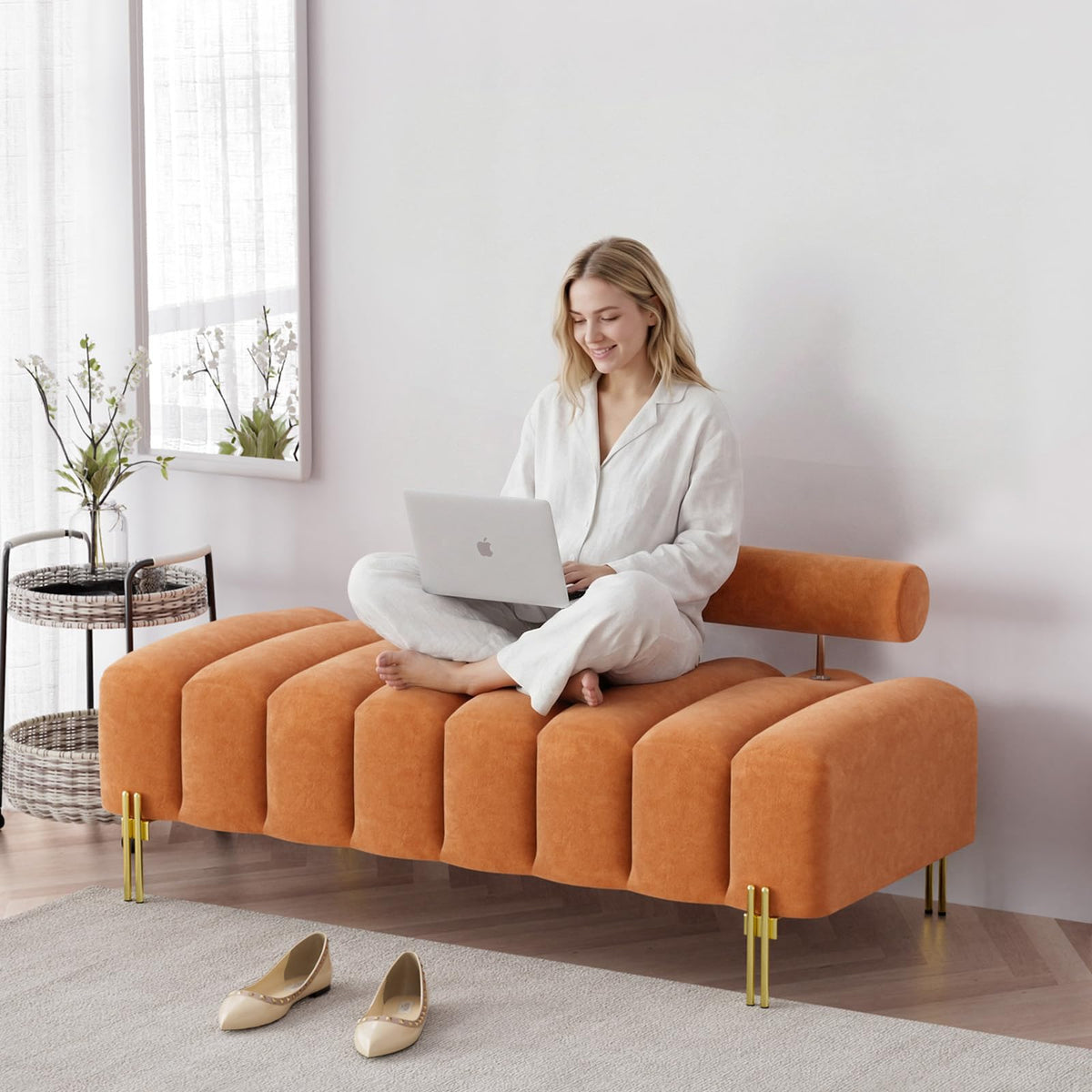 Orange Velvet Ottoman Bench Y420890