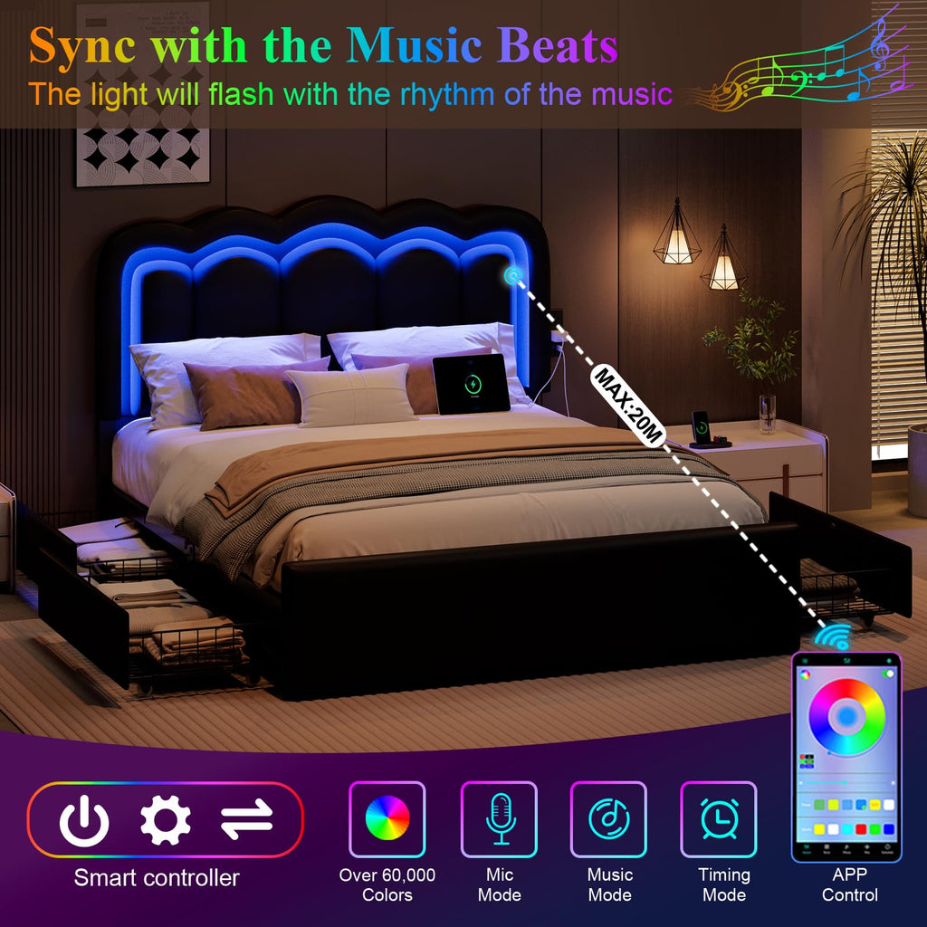 Full Size Bed Frame with LED Lights and Storage Drawers, Black P40449