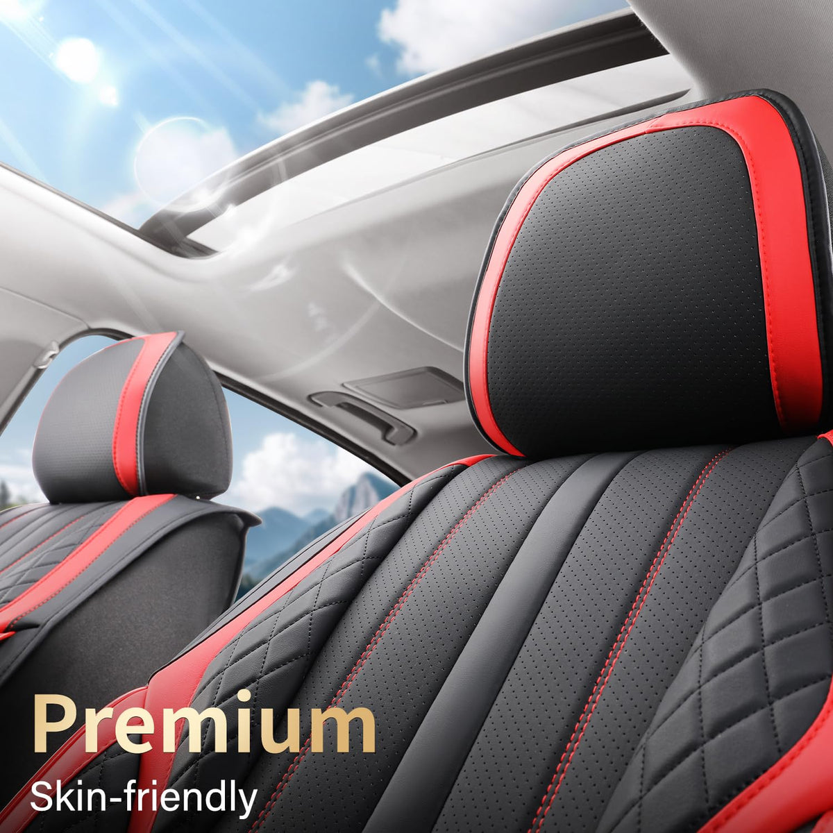 Nappa Leather Car Seat Covers Full Set 5-Seats Black Red C218296