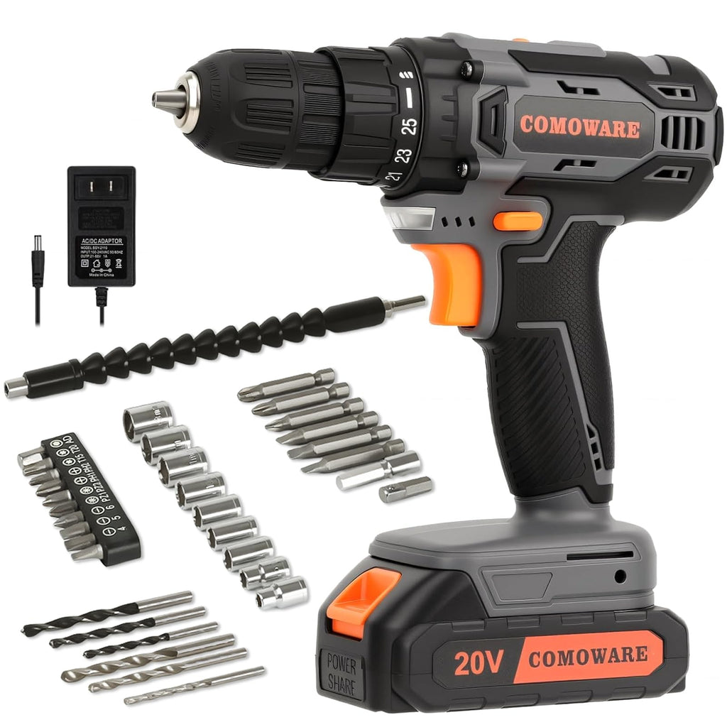 Cordless Drill Set 20V 3/8" Keyless Chuck 2 Variable Speed Orange G947