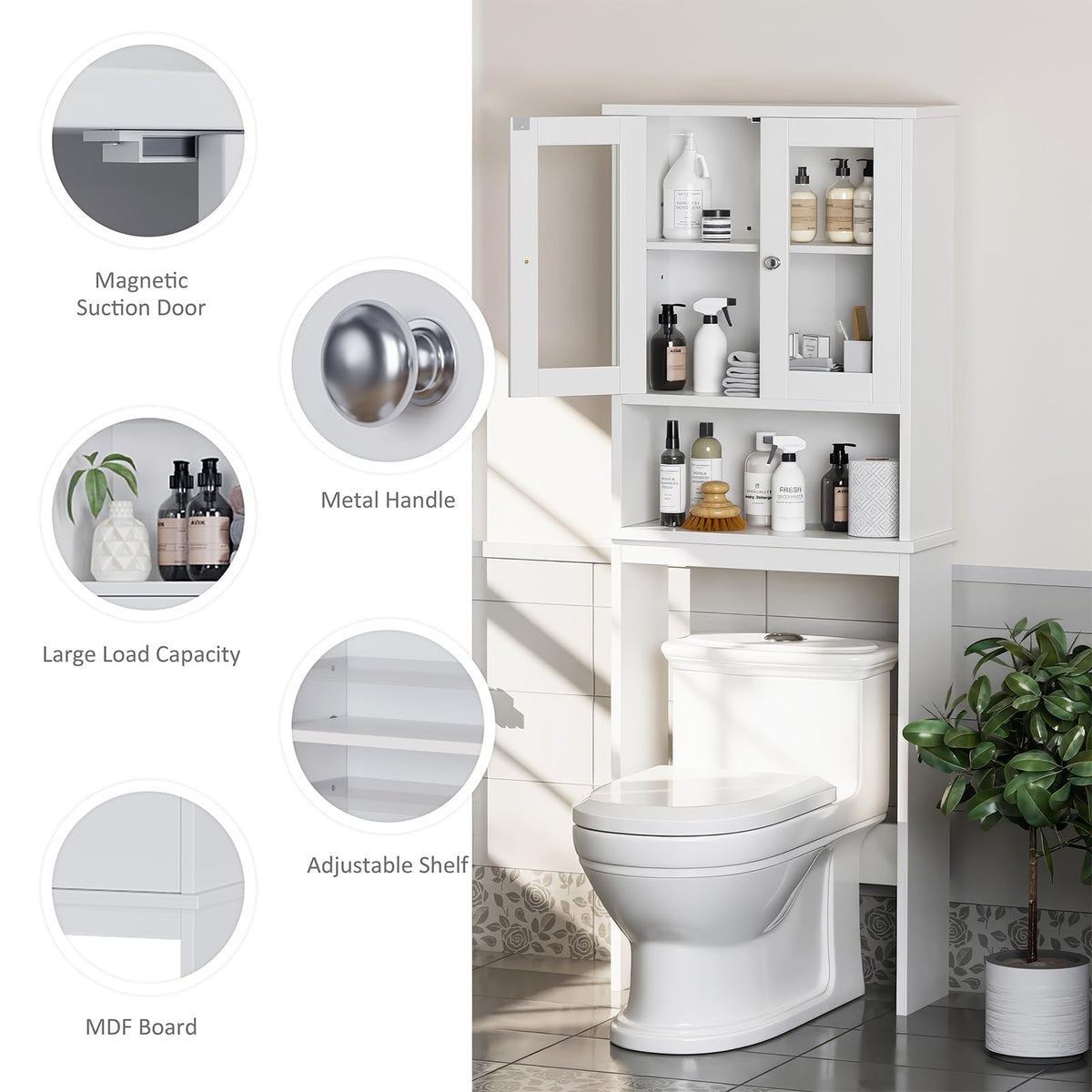 Over The Toilet Storage Cabinet with Tempered Glass Doors P372