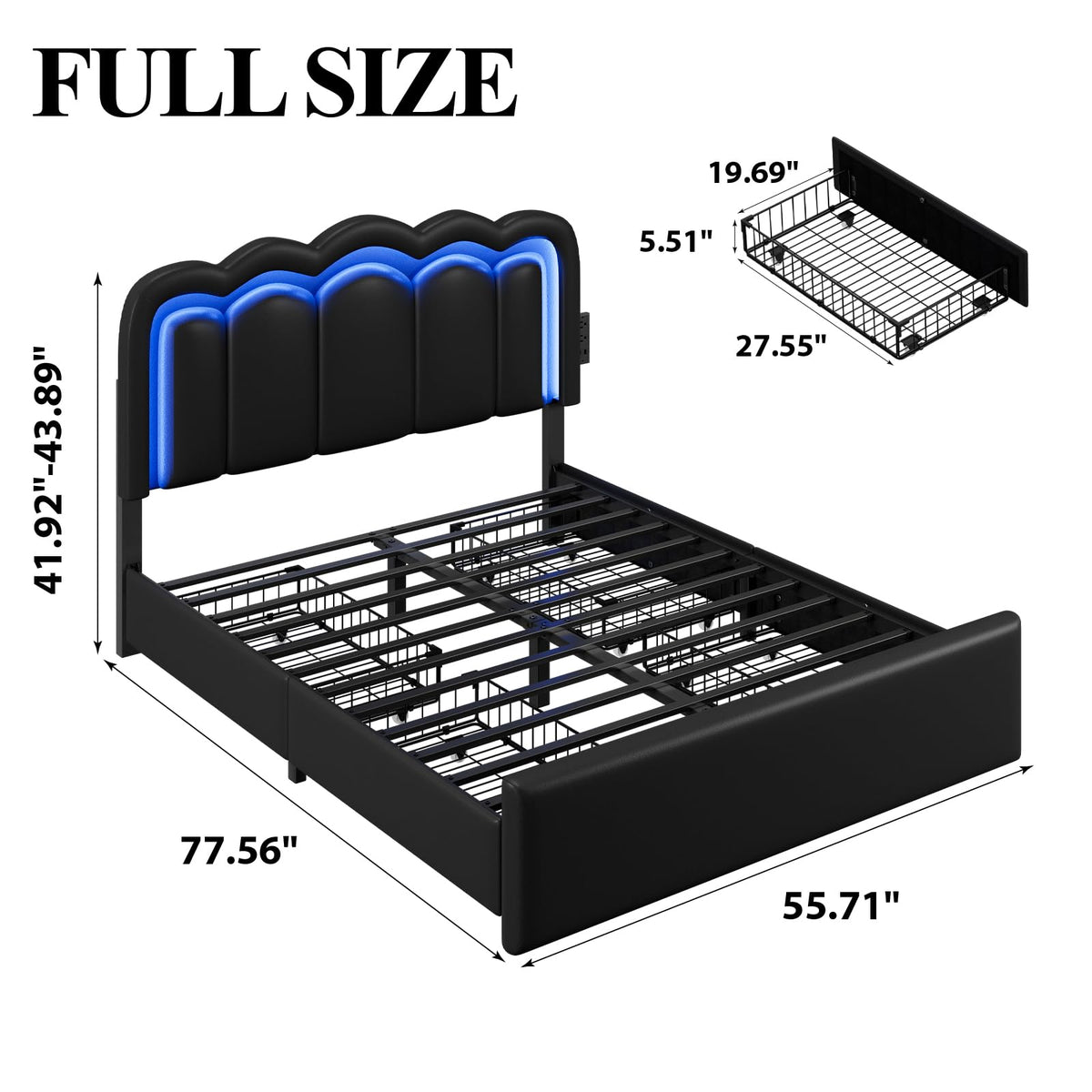 Full Size Bed Frame with LED Lights and Storage Drawers, Black P40449
