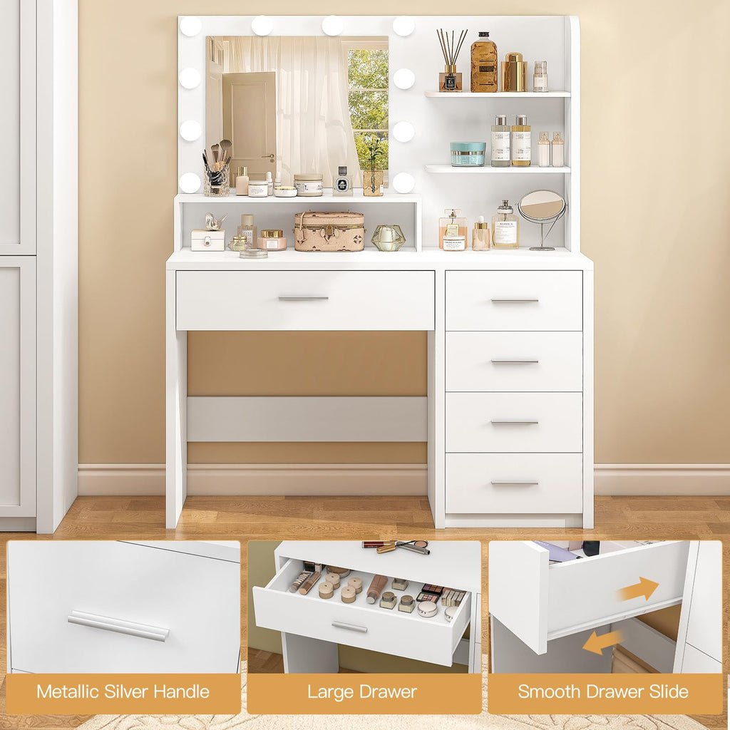 White Vanity Desk with Mirror & Lights, 5 Drawers & Storage Shelves S66053