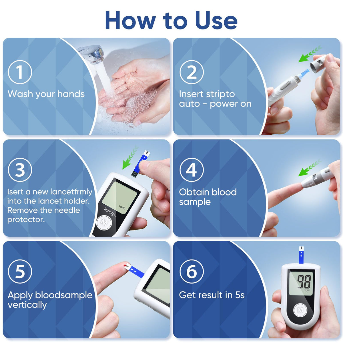 Blood Glucose Monitor Kit with 100 Strips, 100 Lancets, Lancing Device, No Coding H63545